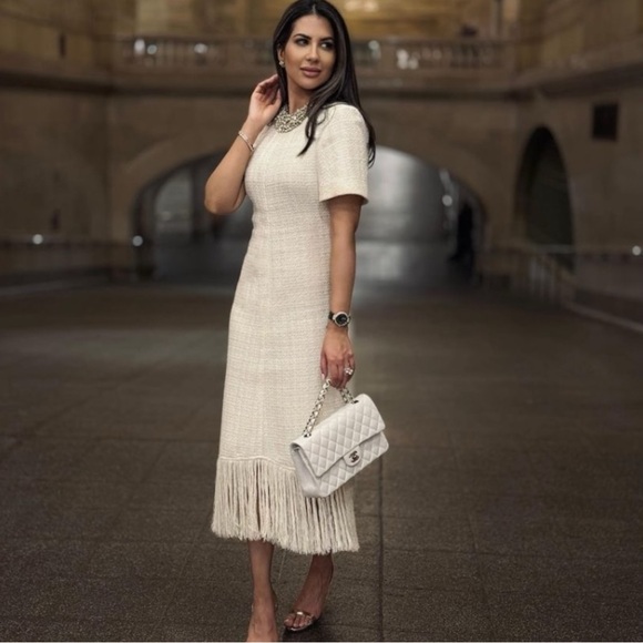 Zara | Dresses | Zara Tweed Textured Weave Fringe Short Sleeve Metallic Midi  Dress Ivory M Nwt | Poshmark